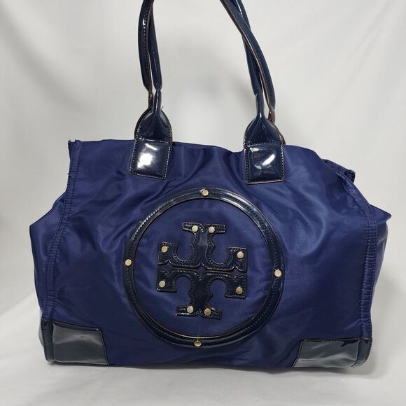 Tory Burch Ella Nylon Tote Navy Blue Patent Trim Logo Large Shoulder Bag Purse - Picture 4 of 16